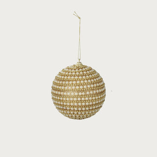 4-inch round gold pearl beaded ornament with intricate layered pattern – handcrafted holiday ornament for elegant Christmas tree or tabletop décor.