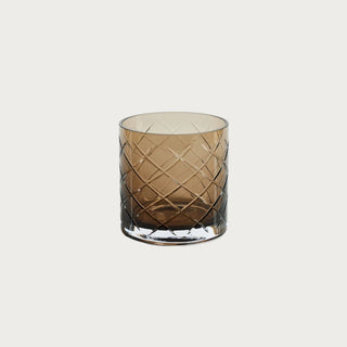 4-inch walnut hand-cut glass vase with diamond-etched pattern – handcrafted small glass hurricane for candles or florals in modern and traditional home décor.