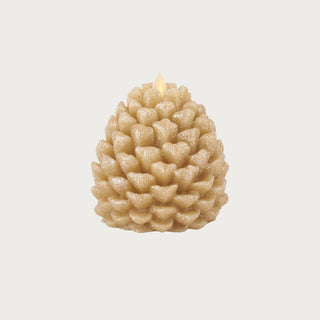 4.5" High Luminara gold glittered flameless candle shaped like a pinecone for winter decor.