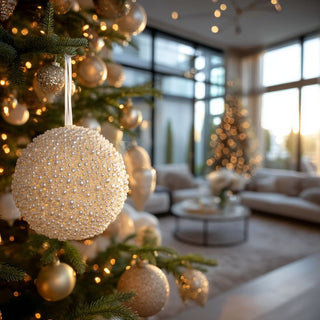 4.75 Inch White pearl beaded ornament hanging on a luxury Christmas tree decorated with champagne and gold ornaments in a modern Santa Monica-style living room, with warm golden hour light and glowing twinkle lights creating an elegant, sophisticated holiday atmosphere.