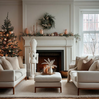 40-inch white resin nutcracker with modern silhouette styled neck to a fireplace in a modern traditional decor style living room . 