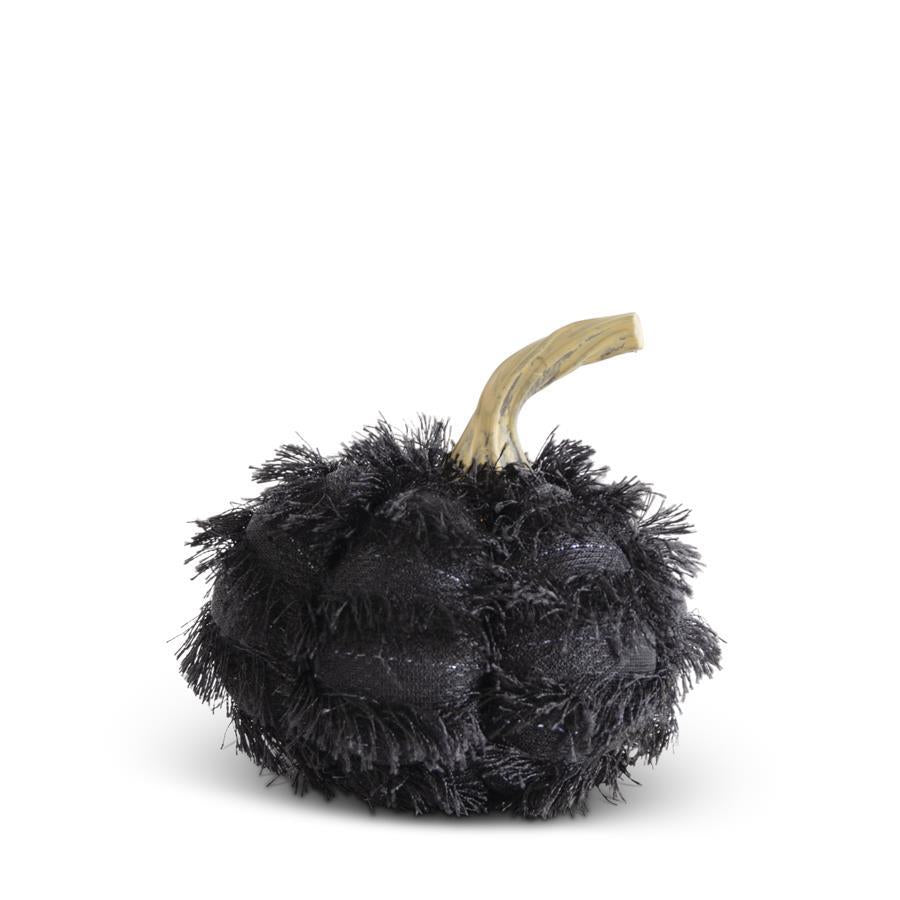 4 Inch Black Eyelash Fringe Fabric Pumpkin w/Resin Stem