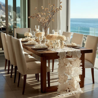 Elegant fall table runner styled with neutral tablescape