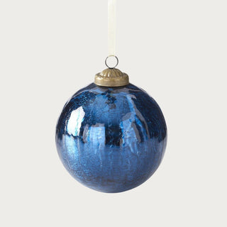 4 Inch Deep blue crackled glass ornament with satin ribbon and brass cap – luxury 4-inch Christmas ornament for modern and classic holiday styling.