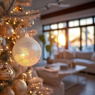 4 Inch White iridescent glass ornament hanging on a luxury Christmas tree decorated with metallic and pearl ornaments, surrounded by warm golden light in a modern Santa Monica-style living room with soft neutral furnishings and holiday ambiance.