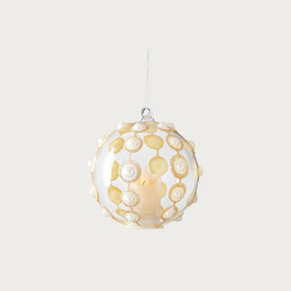 5.25-inch clear glass ornament with gold glitter and pearl detailing illuminated by LED light – elegant holiday ornament with built-in timer for Christmas tree or tabletop display.