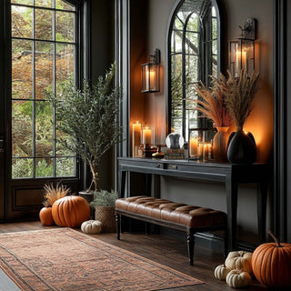 5.5" High Fall/Halloween small witch boots snow globe styled on a console table of a luxury home