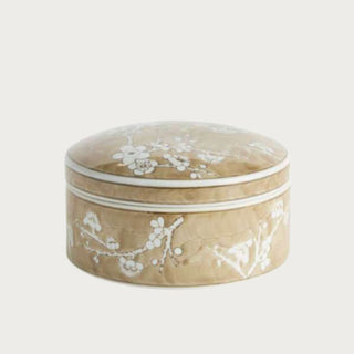 5.5-inch Small Brown Chinoiserie Lidded Empress Ceramic Box with warm brown glaze, white flowering branches, and a decorative geometric border.
