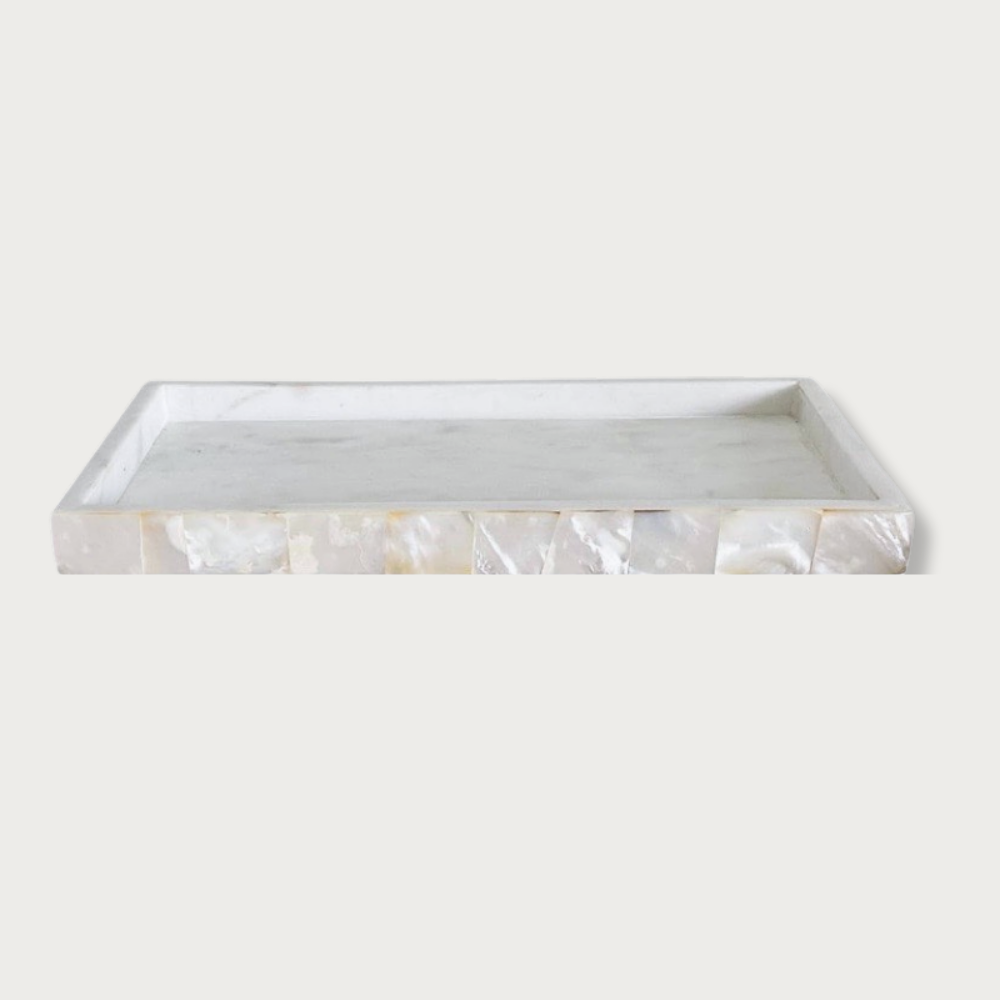 12" L White Marble Tray with Mother of Pearl