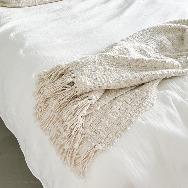 Anaya Ivory Cotton Boucle Throw Blanket with Fringe