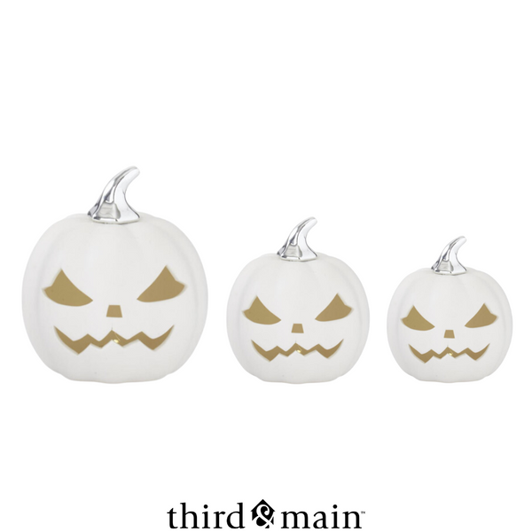 White Ceramic LED Jack-O-Lantern Pumpkin - Set of 3