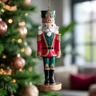 Red and green resin nutcracker soldier ornament with gold crown hanging on Christmas tree – classic holiday ornament with traditional detailing and glossy finish.