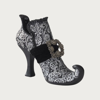 6.75 inch black and silver resin witch boot Halloween decoration with rhinestone buckle and curled toe