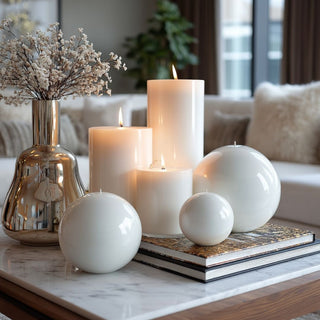 6-inch round white lacquer ball candle styled on a marble coffee table surrounded by pillar candles, stacked books, and a metallic vase with delicate white florals in a modern living room. The glossy white finish reflects soft ambient light, creating a calm, elegant atmosphere that blends contemporary design with  transitional home décor.