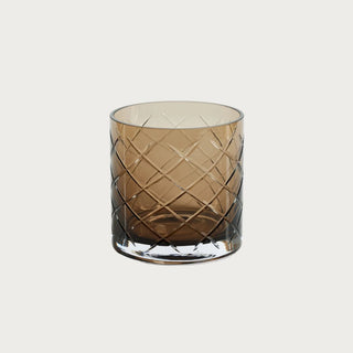 6-inch walnut hand-cut glass vase with diamond-etched pattern on neutral background – modern handcrafted glass hurricane for candles or florals in contemporary home décor.