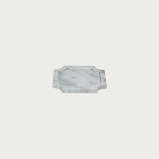 Small 6.75-inch Volakas marble decorative tray in creamy white natural stone with soft gray veining, satin finish, and sculpted edge detail.