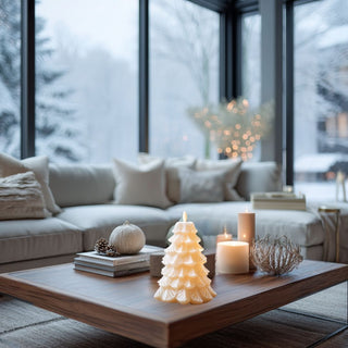Luminara white snowy tree flameless candle glowing softly on a warm wood coffee table in a modern neutral living room with large windows and winter scenery outside, surrounded by minimal décor including pinecones and additional candles, creating an elegant and inviting seasonal atmosphere.