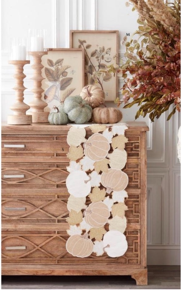 70 Inch Cream Pumpkin & Fall Leaves Embroidered Table Runner