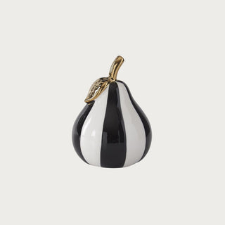 6 inch black and white striped ceramic pear with a glossy glaze and sculpted gold leaf and stem, from Third & Main.