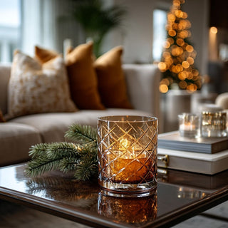 6 Inch Martina Walnut Brown Cut Glass hurricane/ vase styled on a luxury coffee table with a winer holiday setting 