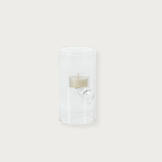 Set of 4 clear glass suspended tea-light holders, cylindrical hurricane shape, studio product shot