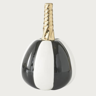 7.25-inch black and white striped ceramic pumpkin with gold-colored stem – glossy decorative pumpkin for fall and Halloween décor.,Fall, Third & Main