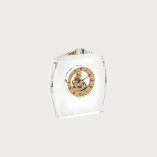7.5 Inch faceted clear crystal mantel clock with gold-tone Roman numeral face and visible decorative clockwork.