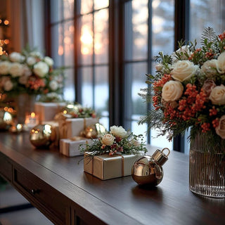 LED Shiny Gold Glass Tabletop Ornament  for holiday home decor styled on Decorative table setting with flowers, gift boxes, and ornaments in a room with large windows.