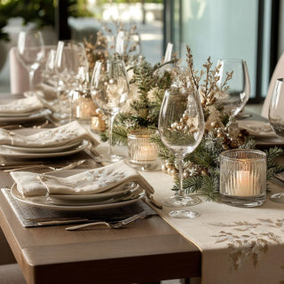 70-inch cream table runner with metallic beaded Christmas tree designs styled on festive dining table with candles and greenery – elegant handcrafted holiday table décor.