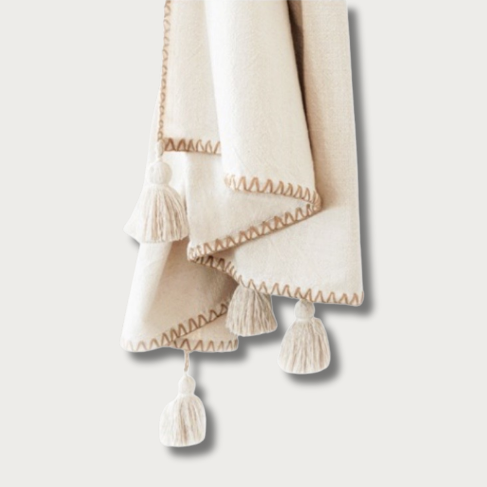 Cream Cotton Throw Blanket with Tassel