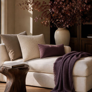 71 Inch Elderberry 100% baby alpaca throw blanket with fringe draped over a cream sofa in a warm modern transitional living room.