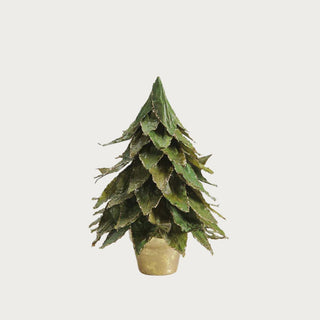 Bring winter charm indoors with this 7-inch green leaf tree accented in gold. A handcrafted, nature-inspired piece perfect for mantels and tabletops. Third & Main, Home Decor