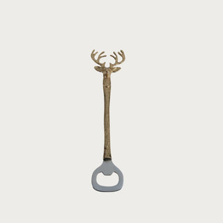 8-inch gold and silver stag head bottle opener made of cast metal with detailed antler design and polished metallic finish, photographed against a neutral background for sophisticated home bar styling.
