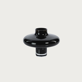 Onyx Opal handmade glossy black glass vase with sculptural round shape and reflective finish – modern handcrafted decorative vase. 