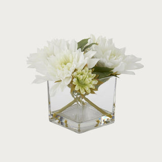 8 inch high real touch dahlia arrangement with four white faux blooms in square clear glass vase with acrylic water
