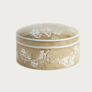8-inch Large Brown Chinoiserie Lidded Empress Ceramic Box with warm brown glaze, white flowering branch pattern, and coordinating white trim.