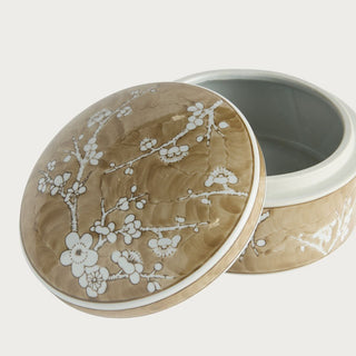 8-inch Large Brown Chinoiserie Empress Ceramic Box shown open with a removable lid featuring white flowering branches over a warm brown glazed finish.
