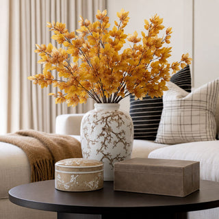 8 Inch Large Brown Chinoiserie Lidded Empress Ceramic Box styled on a dark wood coffee table with a coordinating floral ceramic vase and warm fall foliage.