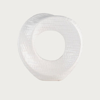 8 inch White Woven Texture Ceramic Sculpture with glossy white ceramic finish, circular open center, and raised woven-style texture for tabletop styling.
