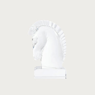 9.25 inch clear crystal horse head sculpture product view with sculpted facial details, ridged mane, and rectangular crystal base on a neutral background.