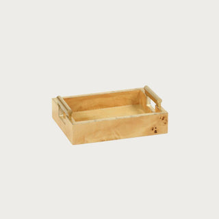 9.5-inch Leiden burl wood tray with gold metal handles, full studio product shot showing burl wood grain