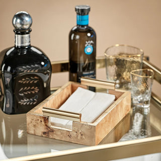 9.5-inch Leiden burl wood tray styled on a nightstand holding a candle and small decor objects