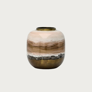 9-inch hand-painted porcelain vase with blush pink, warm brown, ivory, charcoal, and antiqued bronze bands in a rounded statement silhouette.