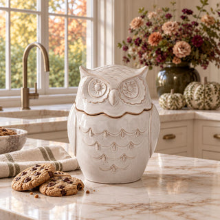 Gray-white glazed ceramic owl cookie jar with sculpted feather detailing and removable head lid, displayed on a marble kitchen island beside chocolate chip cookies and autumn décor.