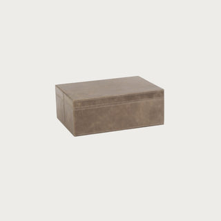 9.5 Inch Small Belmont Mink Brown Leather Box with stitched leather exterior, rectangular lidded design, and warm neutral finish for tabletop storage.