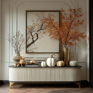 9.5" White Velvet Pumpkin with Gold Stem Styled on a console table in a modern contemporary entryway 