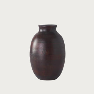 Medium 9.75-inch dark brown mango wood vase with a rounded silhouette, narrow 1-inch opening, and subtle horizontal wood markings.