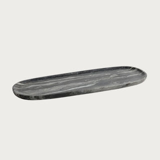9.75-inch natural black, gray and white swirled marble decorative tray with elongated oval shape and unique stone veining.