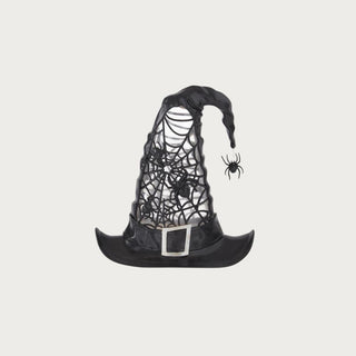 9.75”Black  LED water spinning witch hat with timer. Illuminated Halloween décor accent with swirling glitter. Requires 3 AA batteries (not included).