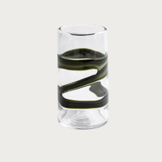 9 inch Smoked Olive Ribbon Glass Vase with clear hand-blown glass, smoked olive green ribbon detail, and compact cylindrical shape for simple stems.